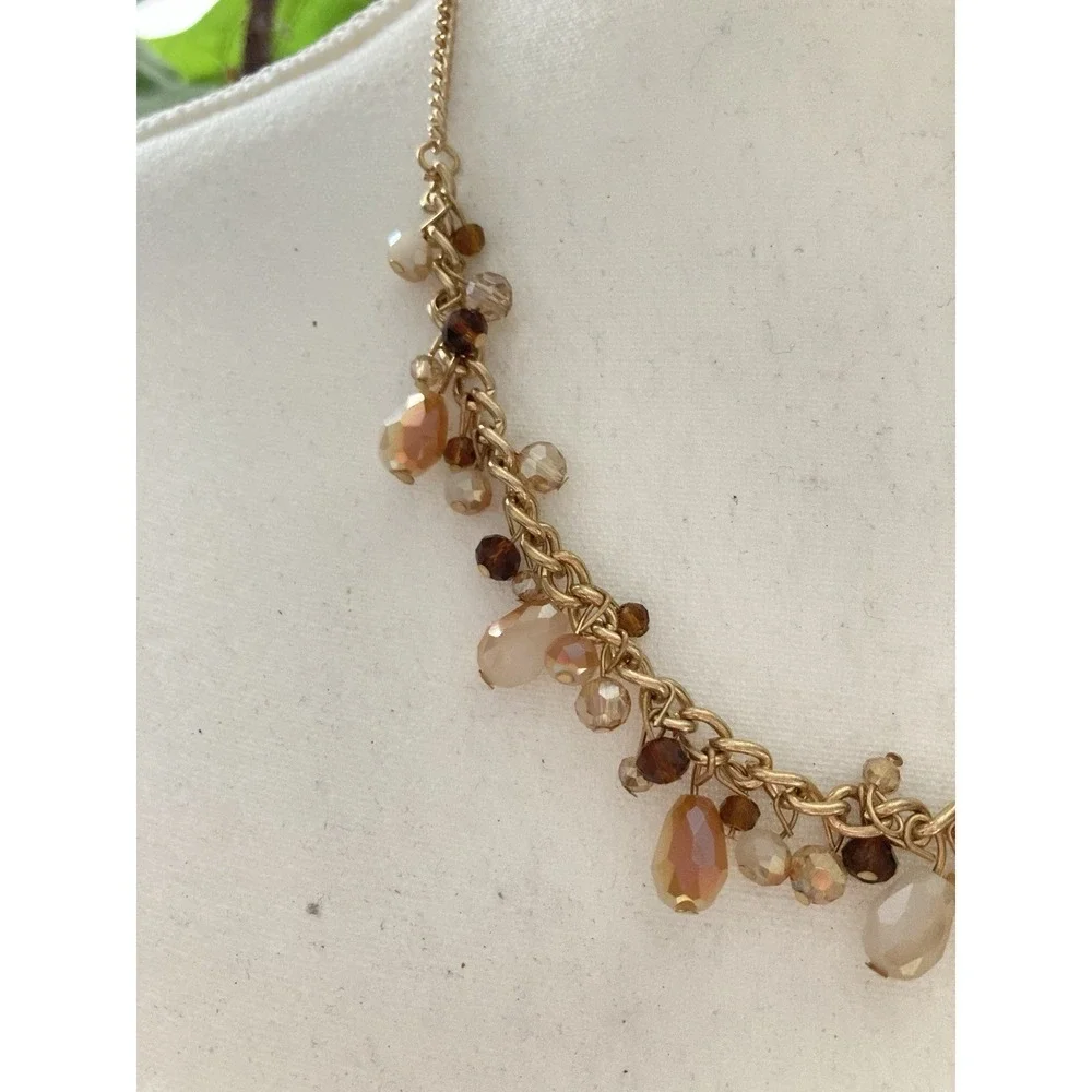 Gold Tone Chain Necklace Faceted Glass Bead Dangle Bib Necklace Peach Romantic